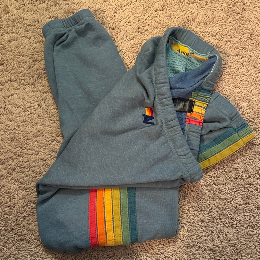 Aviator Nation Blue Joggers with Rainbow Stripes